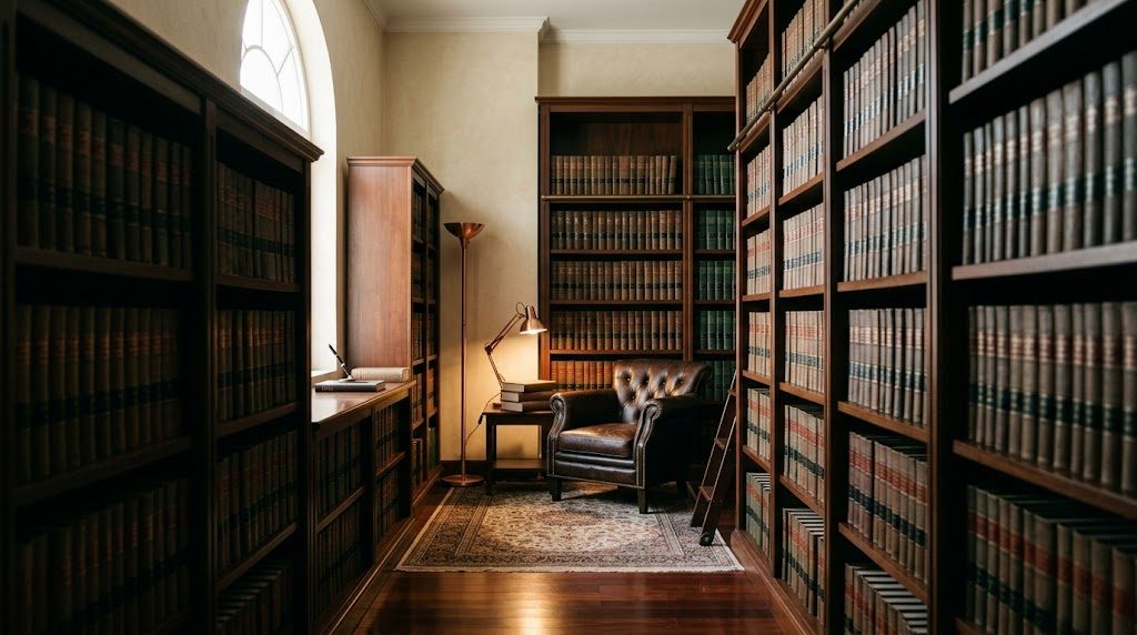 Perpustakaan hukum dengan rak kayu tinggi dan kursi kulit